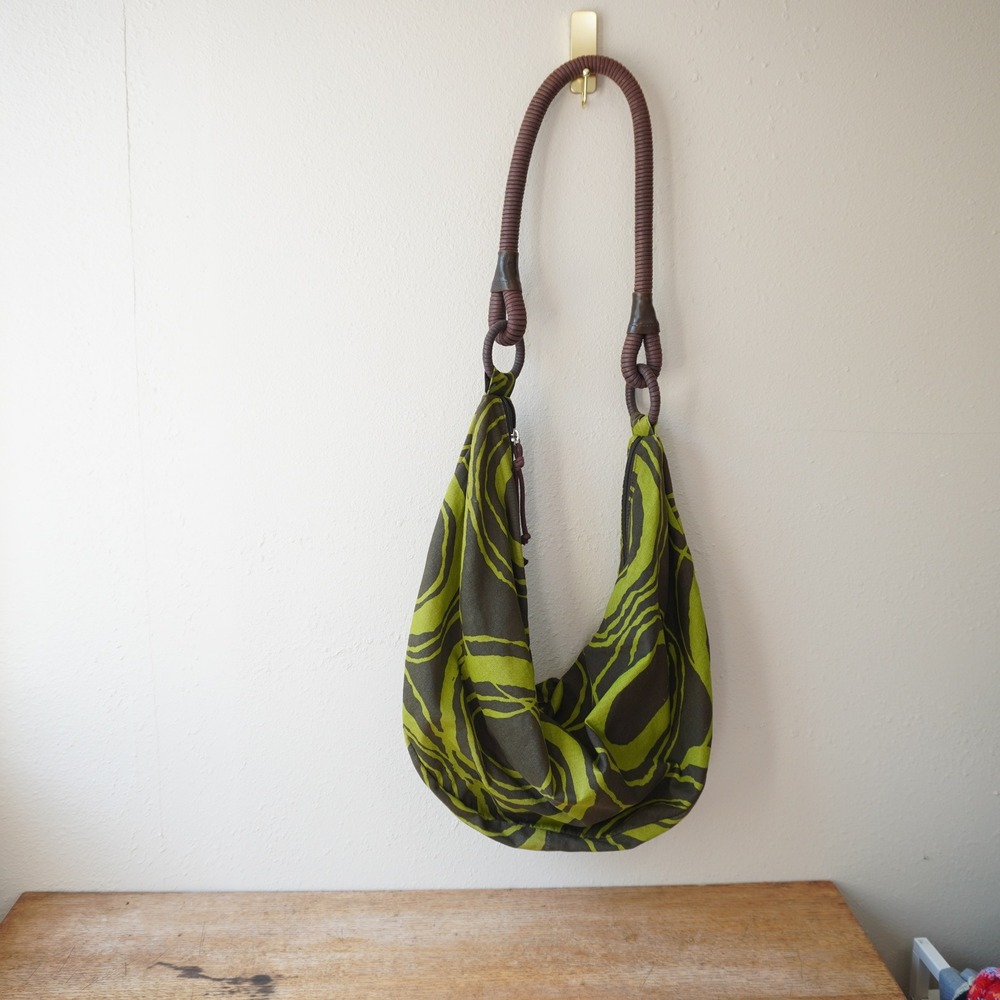 Vintage 2006 Y2K Old Navy Canvas Hobo Bag Lime Green Olive Brown Abstract Swirl